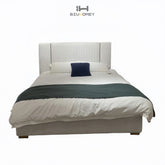 sk100 bed frame and white headboard with metallic stripe accents