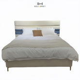 sk80 khaki and ble upholstered headboard with bed frame
