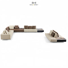 Biuhomey leather sofa white brown splicing with L-shaped sofa combination