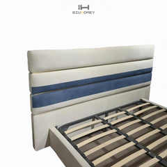 sk80 bed frame and color-blocked striped headboard